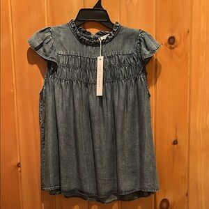 Blue Denim Ruffle Cap Sleeve Top